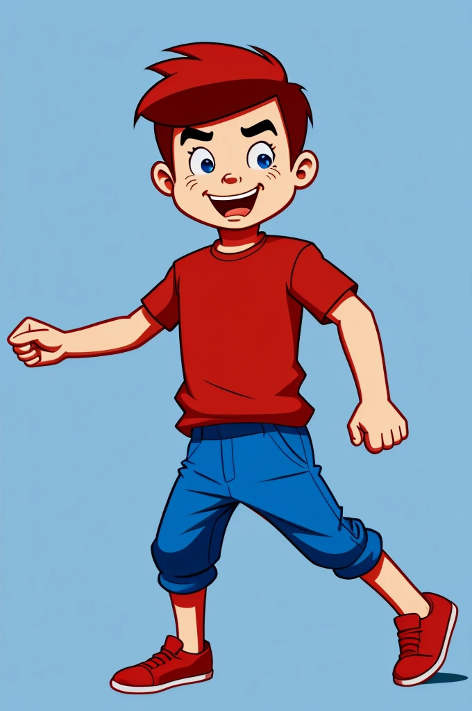 Cartoon boy wearing a red shirt and blue long pants in a cartoony Style scary