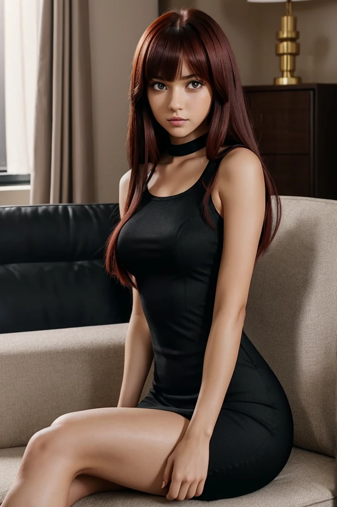 Screenshot My hero Academia.
Girl with long straight dark red hair, with bangs.
He has slanted and sensual eyes, dark red color, long pretty eyelashes and a serious expression.
She is wearing a black bodycon dress, She is sitting on a sofa and in the background there is a room.