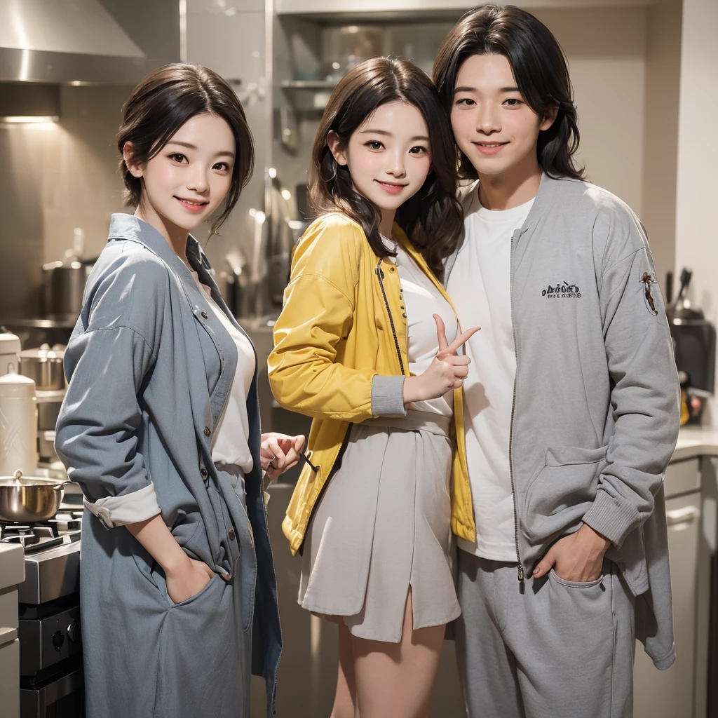 Highest quality,masterpiece,超A high resolution,Perfect Anatomy,(Faithfulness:1.4),RAW Photos,smile,Children of short-haired boys,Woman with long hair and 2 boy with short hair,a woman and small boy, Mom and short-haired son,Gorgeous Mother And Smiley Boy,(Big tree々Parks with)(((Big treeの後ろに隠れている母)))、(hide and seek)Cowboy Shot,Cinema Lighting,Fashion model parents,Adorable,, (Browsing Caution:1.2)、(母親を探しているBlack Hairの赤ちゃん)、(Long-haired mom and short-haired son)、(Mother in a yellow jacket and son in a gray jacket)、 A confident smile, Home kitchen with large windows,Smiling children and their mothers,短いBlack Hair, Brown eyes,Brown Skin,Two studentaking a gesture commonly associated with the peace sign while speaking (Tele from the restaurant), skirt, Black Hair, indoor, Cooking Japanese food, shirt, ((((Complete faithful finger))))
