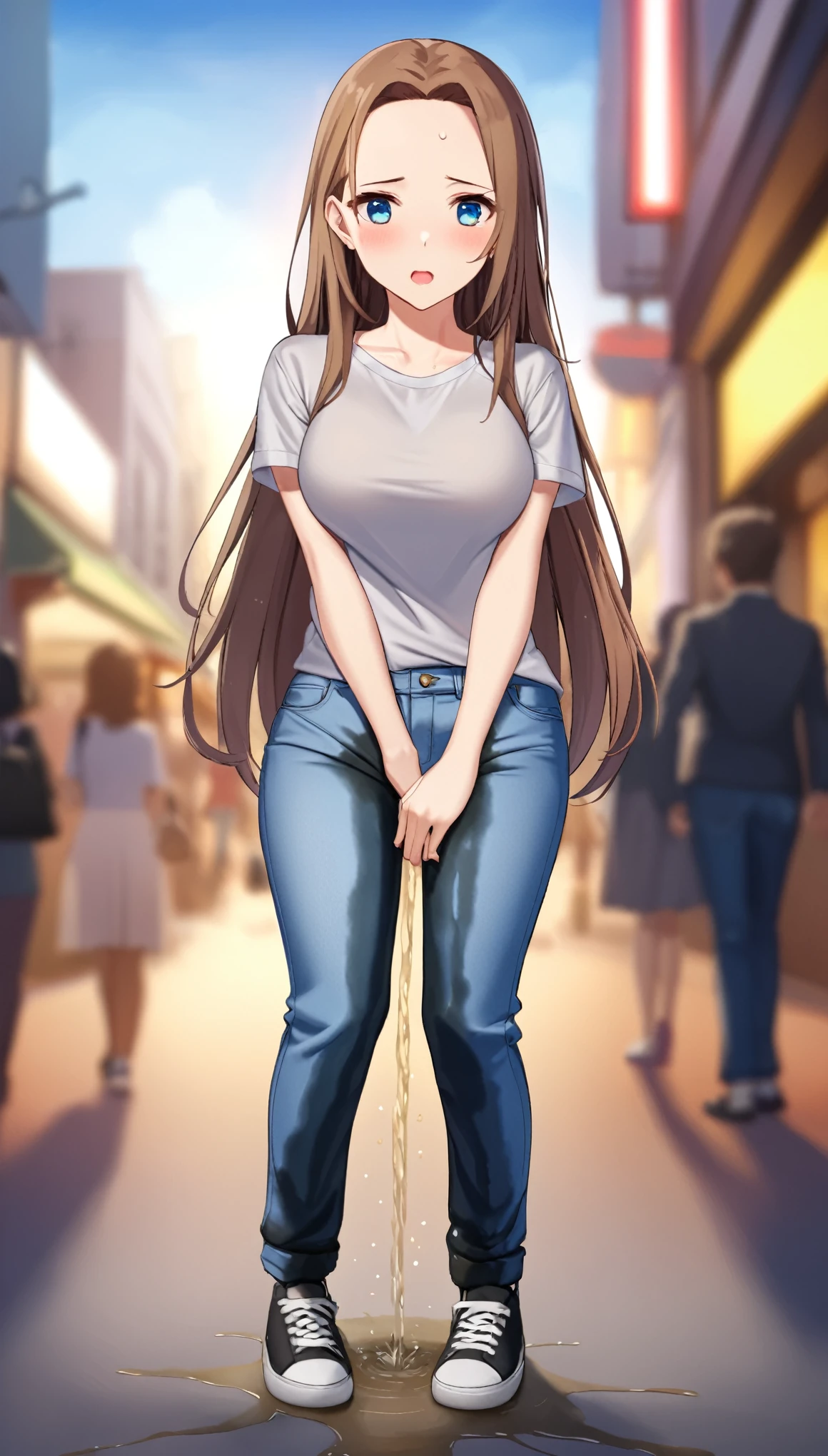 best quality, highres, 8k, masterpiece, immersive atmosphere, chiaroscuro:(1.5, bright light:1.2, luminous lighting), blurring, (background blur:1.5), 
(dynamic angle), downtown, (legs focus, full body:1.5), delicate features, (beautiful face, beautiful eyes, beautiful legs), not safe for work, (opaque:1.5), high contrast, SDXL, (wetting herself:1.5), (desperation:1.5),
1girl, (25 years old:1.5), white skin, blue eyes, brown hair, straight hair, long hair, (forehead:1.5), bright lips, blush, scared, panicking, open mouth, looking at viewer, (slender figure:1.1), (grey t-shirt:1.2), large breats, hard nipples, (hands between legs:1.4), (jeans pants:1.4, light blue jeans:1.4, skinny pants:1.2), (black sneakers:1.2), (knees together feet apart:1.4)