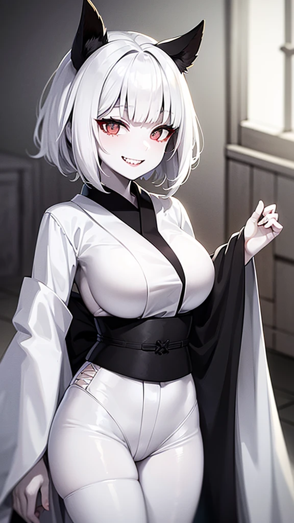 (girl),((horse ears)),(white kimono robe),(black tape),(((white eyes))),(((White skin))),(Black pants),((short white hair)),((medium tits)),((smiling)),((Sharp teeth))