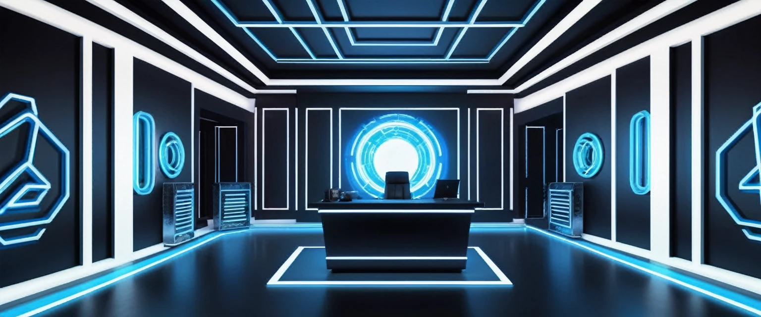 music producer studio, sala vacía con neones bluees, neon futuristic background image, symmetrical image, hell, White wall, negro, blue, abstract.