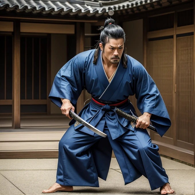 ((Masterpiece)), ((highly detailed)), a samurai, blue male kimono, tattsuke pants, katana, samurai hair style, shaved face, age 40, angry face, full body,