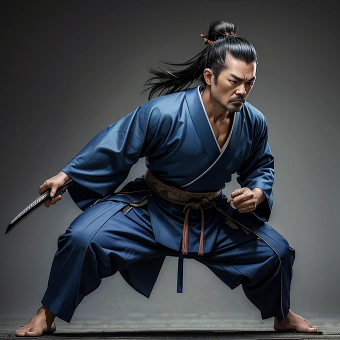 ((Masterpiece)), ((highly detailed)), a samurai, blue male kimono, tattsuke pants, katana, samurai hair style, shaved face, age 40, angry face, full body,
