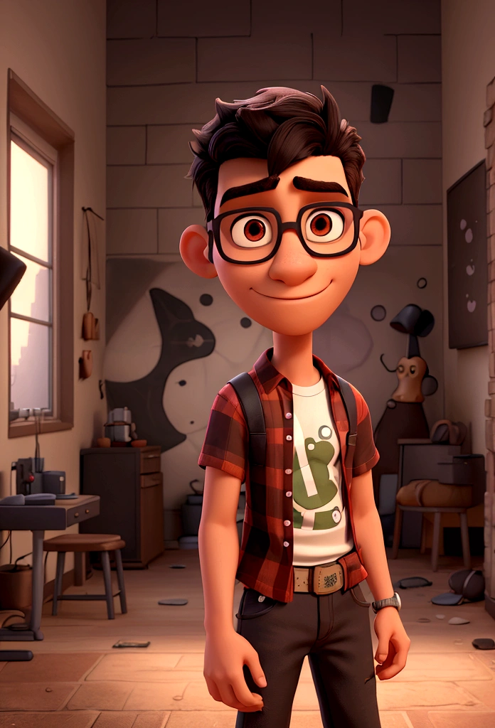 A 3D Pixar-style avatar of a adult young man with dark brown skin, skinny, black hair, medium-length, slightly wavy, large dark brown eyes, square glasses, retracted lips, very long and thin nose, very small cheeks, thin and square face, serious and sad look, reipped jeans, using a all-star black, black t-shirt and red plaid shirt on top, 8k, in a messed room with dark walls (rock) (grunge) (guitar)