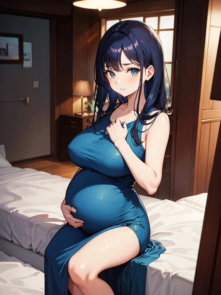 Pregnant woman with dark blue hair, 1981 style dress