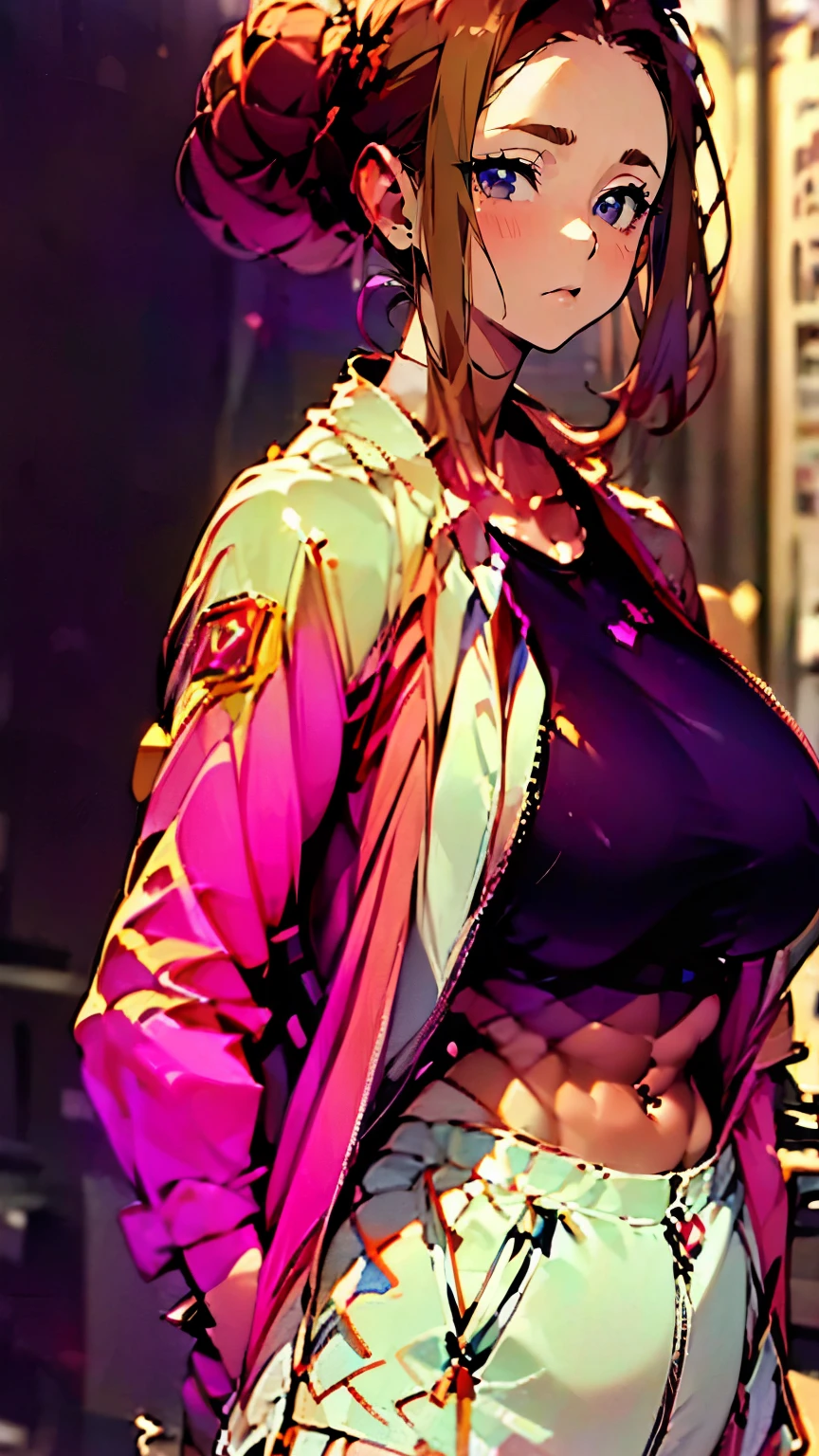 Best Quality, Masterpiece, Ultra High Resolution, (Realisticity: 1.4), Original Photo, 1girl, Pink Off-the-Shoulder, Cinematic Lighting,sumireko ogawa, 1girl, solo, , jacket, track jacket, hair bun, upper body, blush, single hair bun,  looking at viewer, large breasts, muscular female 