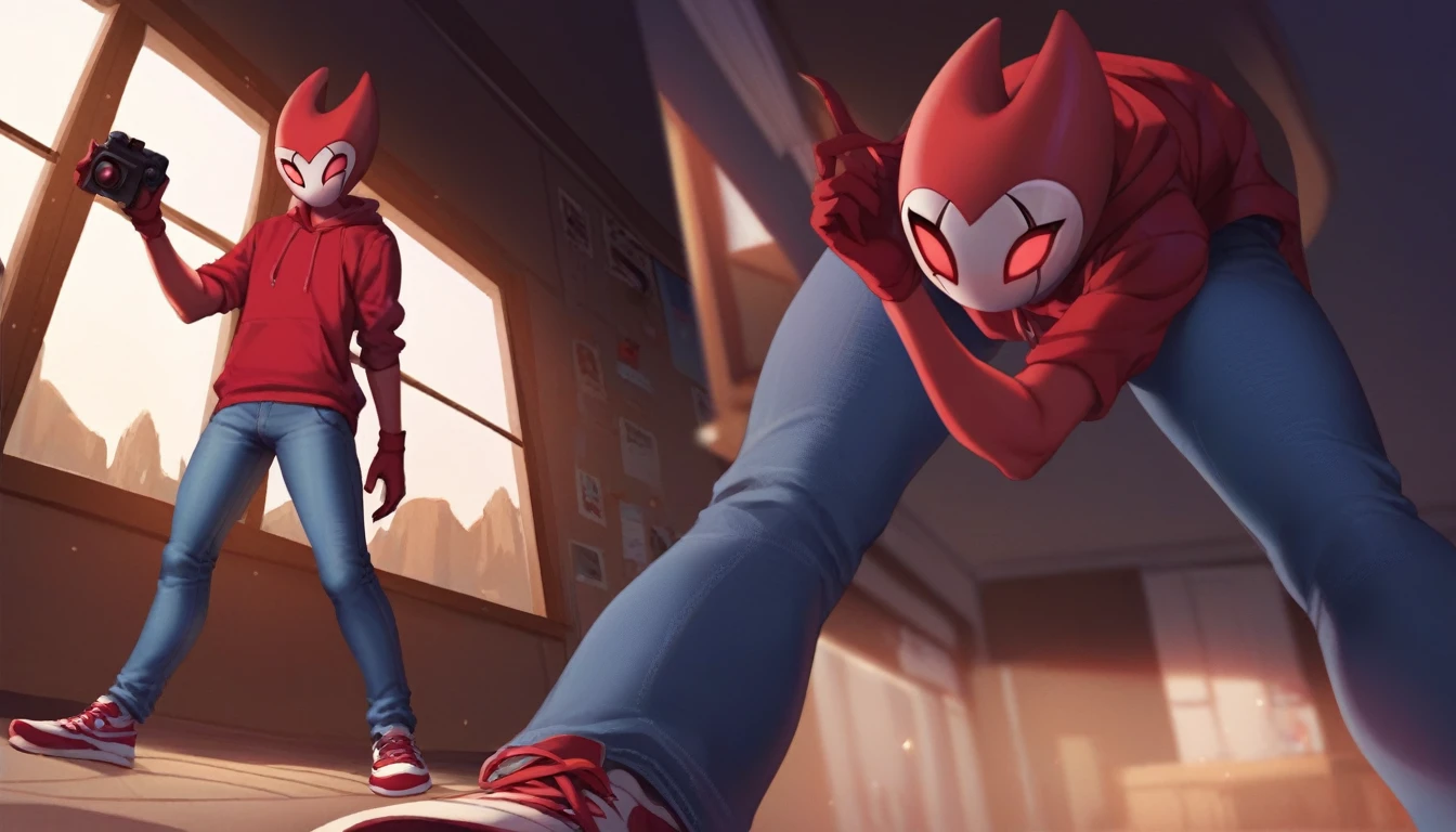 score_9, score_8_up, score_7_up, score_6_up, zPDXL2, grimm \(hollow knight\), vampire, bat, 1boy, solo, cute face, detailed eyes, portrait, anthro, blue large hoodie, jeans, red sports gloves, sneakers, background, near the window, landscape, (dynamic angles), looking at viewer, from below, standing, kiss at camera