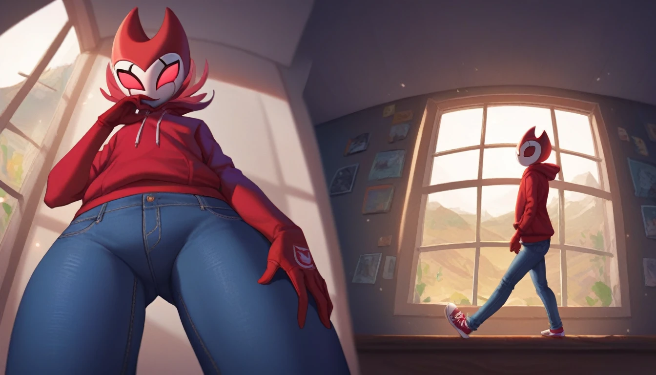 score_9, score_8_up, score_7_up, score_6_up, zPDXL2, grimm \(hollow knight\), vampire, bat, 1boy, solo, cute face, detailed eyes, portrait, anthro, blue large hoodie, jeans, red sports gloves, sneakers, background, near the window, landscape, (dynamic angles), looking at viewer, from below, standing, kiss at camera