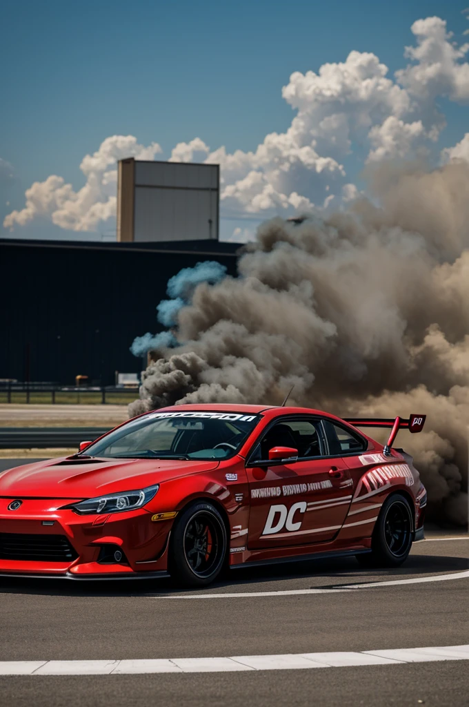 Make a logo with jdm car drifting and smoke, write DC in the background 