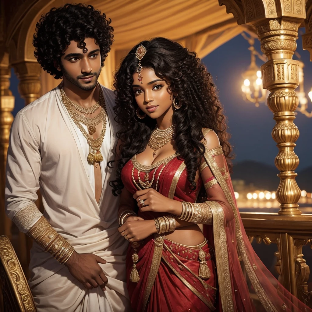 Beautiful couple, beautiful black woman with curly hair, Latin man brown skin, Indian prince. Romantic couple on Honeymoon