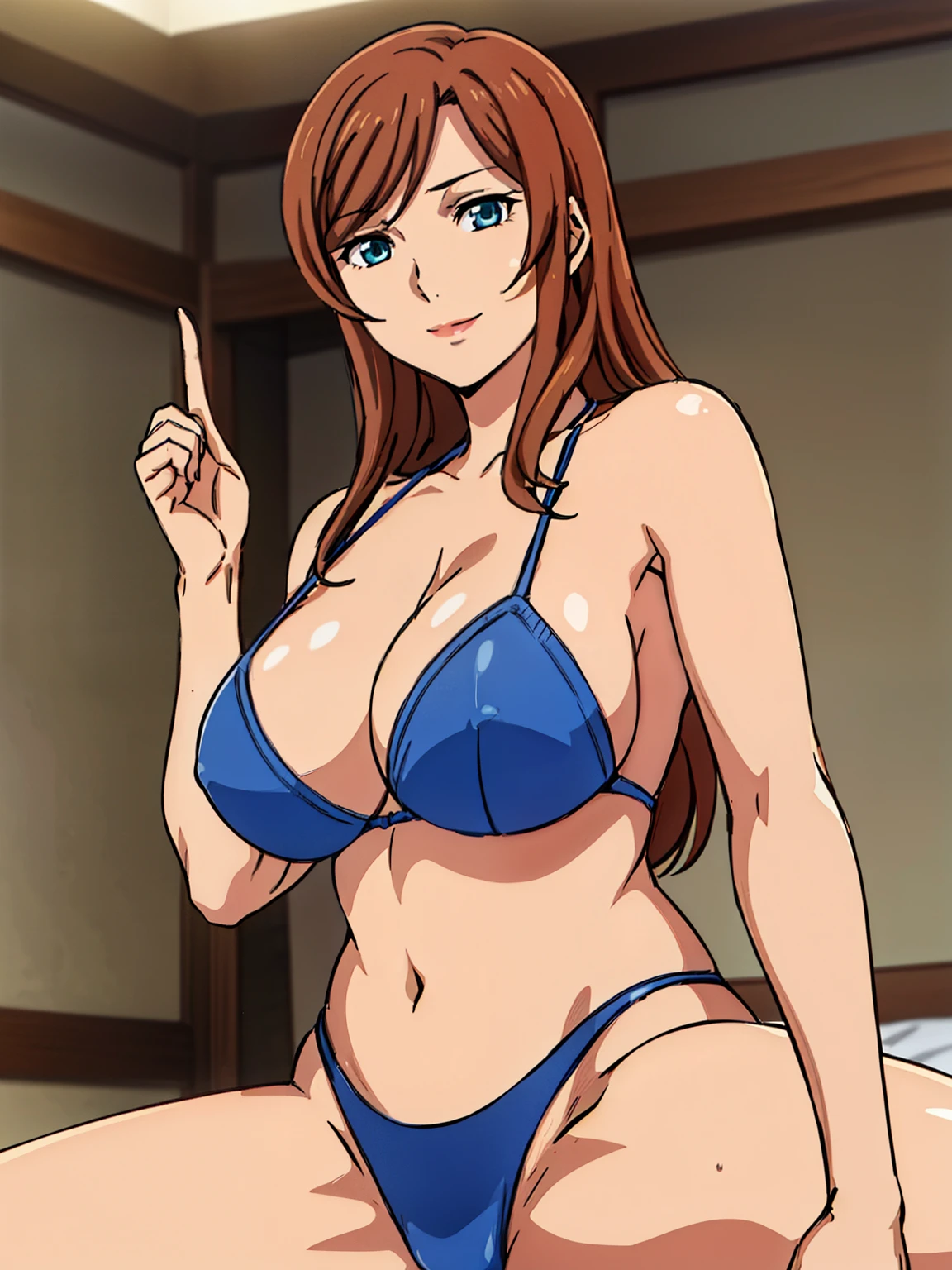 (pov from bottom), squatting pose, showing her armpits, blue leather bikini, (bedroom background), Kamiki Mirai, mature woman, anime cels style, best quality, high resolution, 1girl, (huge breasts:1.2), beautiful face, Beautiful Finger, Beautiful long legs, Beautiful body, Beautiful Nose, Beautiful character design, brown hair, Long hair, bangs, blue eyes, looking at viewer, cowboy shot, smiling, lipstick, beautiful armpits