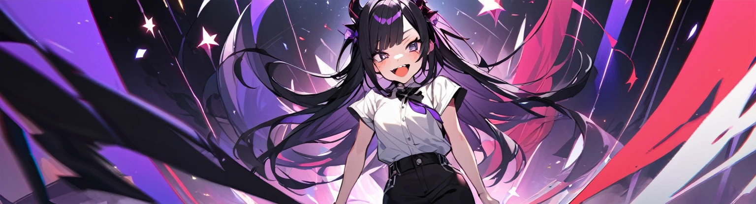 A girl with long black hair with straight bangs, with hair cut at the ends. Two large strands in the front, one bigger than the other. A rebel thread. A small white streak in your bangs. Two demon horns, one purple and one black, both with a dark purple star. one black eye and one purple eye. A purple star on your right cheek. black wide pants. All star shoe. Full white shirt with a bow tie with a star in the middle, with short sleeves. a big chest . Grinning. She is a star demon. She is standing looking at the camera. In one of his eyes a star in the black eye case, in the black eye and just black. Sex girl. Sex girl. One black eye and one purple eye