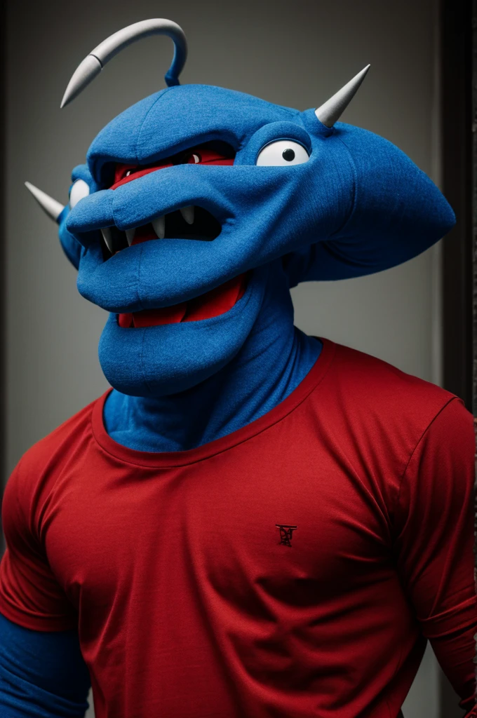 A humanoid monster wearing a red shirt and blue pants