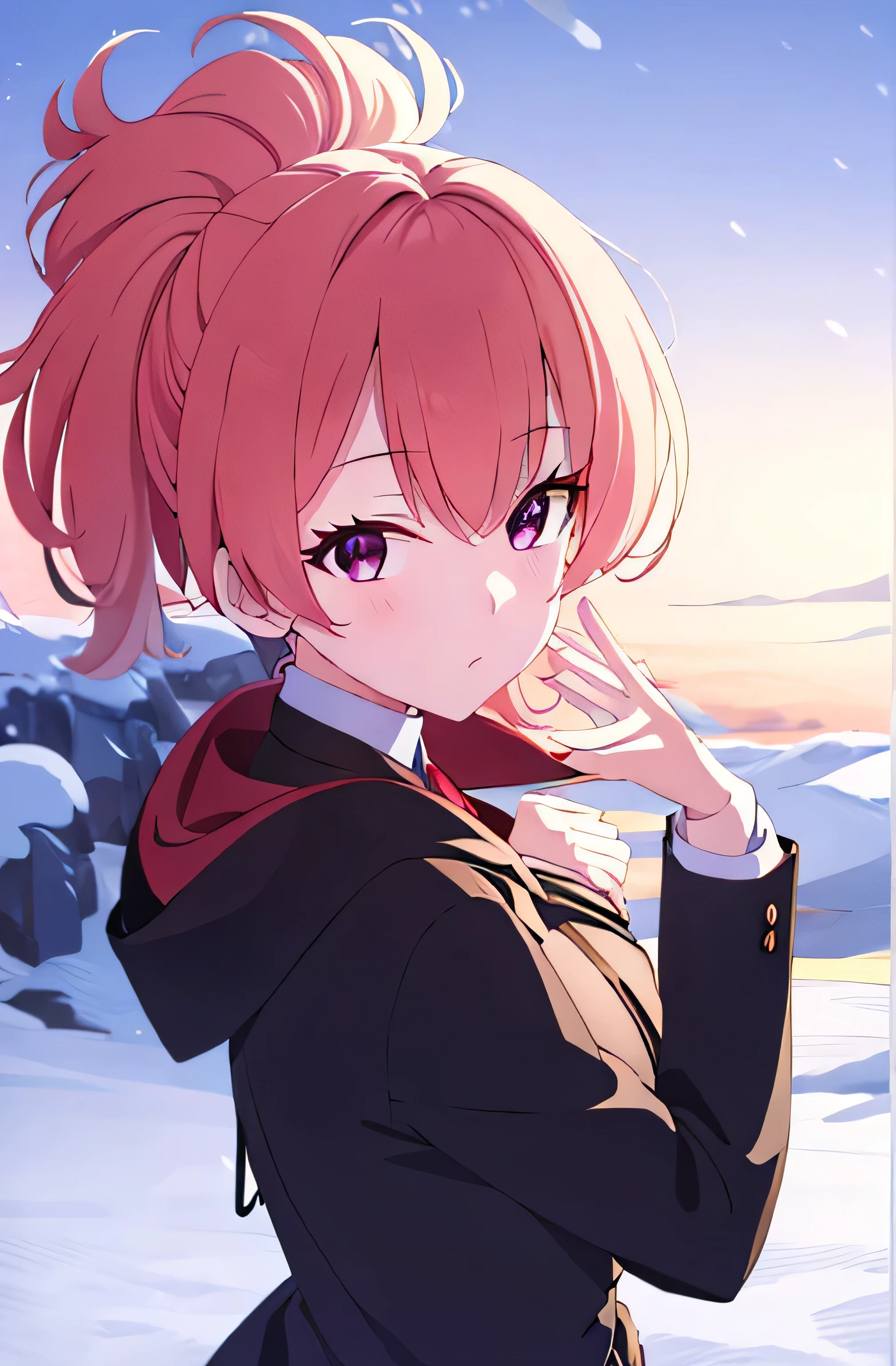 Anime girl with  and purple eyes standing in the snow, anime moe art style, style of anime4 K, Anime art wallpaper 8 K, Anime art wallpaper 4 K, Anime art wallpaper 4k, Anime wallpaper 4K, Anime wallpaper 4 k, Detailed digital anime art, 4K anime wallpaper, 4k manga wallpapers, clean and meticulous anime art, a beautiful anime portrait