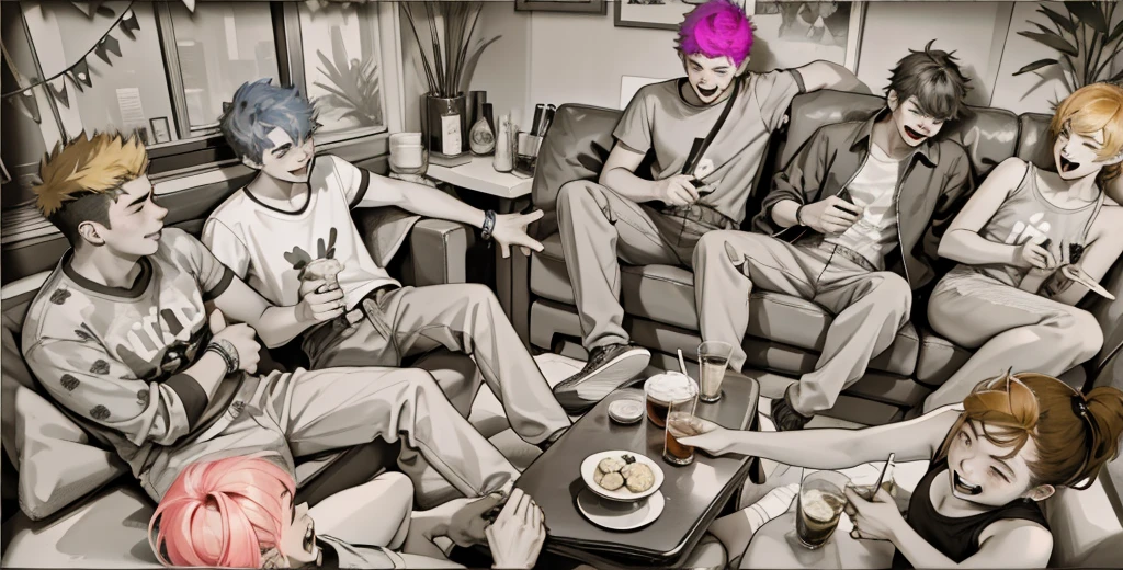 A group of 16-year-olds with t-shirts, there are teenage women and men, they are happy, singing and laughing at a party, they are sitting on a sofa enjoying drinks and food.