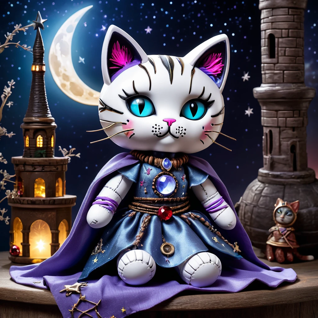(knitted toy voodoo doll:1.8), (voodoo cat:1.9),(clothing: silver dress with moon symbols, shimmering cloak with star patterns:1.0),(accessories: moon staff, enchanted crystal ball, crescent moon tiara:1.2),(background: abandoned tower with view of moon and stars, mystical aura surrounding the scene:1.2), best quality, masterpiece, detailed soft oil painting, detailed background, dramatic cinematic lighting, soft edge lighting, professional, dramatic lighting, hard edge lighting, ultra quality, 4k,masterpiece, best quality, 8k, ultra highres, highres, extremely detailed