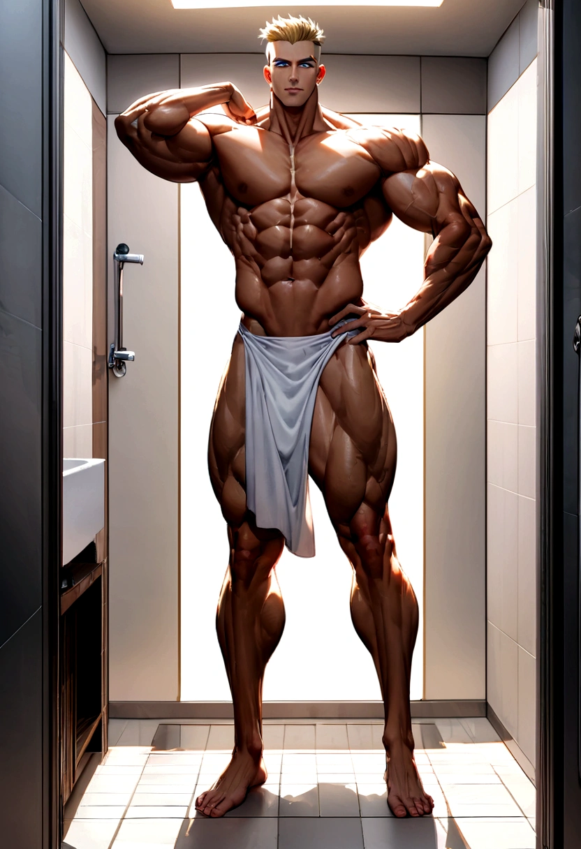 Make a tall muscular white man with blond hair undercut style blue eyes and he is half naked with a white towel on his hips, he is standing posing for a full body photo in the bathroom