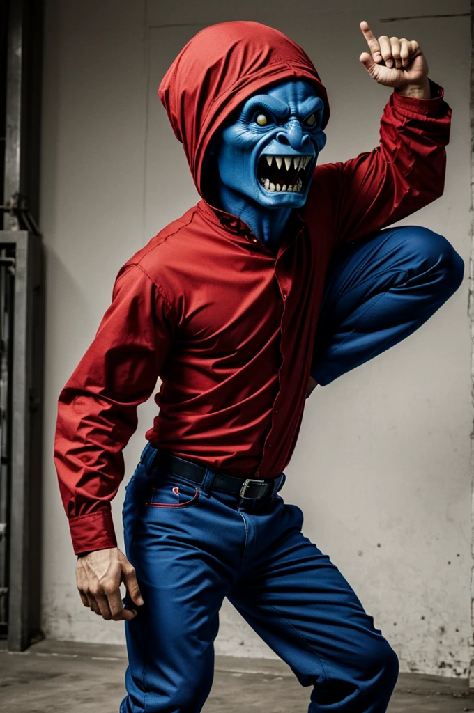 A humanoid monster wearing a red shirt and blue pants very very very scary