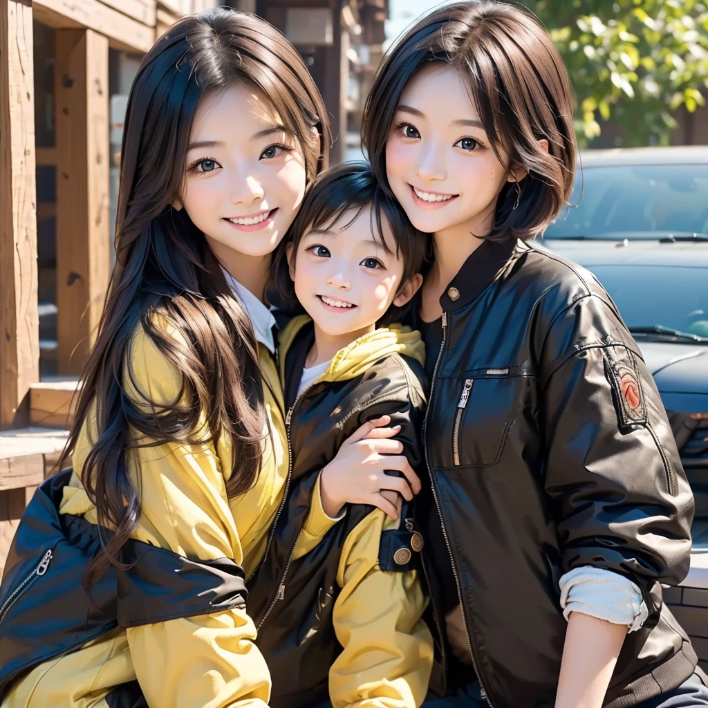 Highest quality,masterpiece,超A high resolution,Perfect Anatomy,(Faithfulness:1.4),RAW Photos,smile,Children of short-haired boys,Woman with long hair and 2 boy with short hair,a woman and small boy, Mom and short-haired son,Gorgeous Mother And Smiley Boy,(Big tree々Parks with)(((Big treeの後ろに隠れている母)))、(hide and seek)Cowboy Shot,Cinema Lighting,Fashion model parents,Adorable,, (Browsing Caution:1.2)、(Black-haired baby loo for his mother)、(Long-haired mom and short-haired son)、(Mother in a yellow jacket and son in a black jacket)