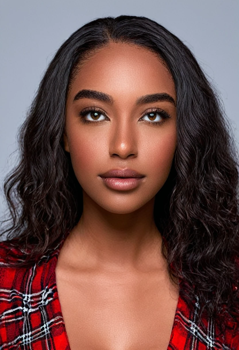 A beautiful woman, beautiful Latin face, young Brazilian Nyvi Estephan, Brazilian supermodel, serene and elegant beauty, Angolan descent, young adult 30 years old, nerdy woman, tall woman, a stunning black woman, with indigenous features, beautiful indigenous girl, native Brazilian, ((An indigenous African girl with European ebony)), ((her beauty is undeniable)), beautiful young ebony with dark skin, tanned Mexican, black hair with brown highlights, black curly hair with brown highlights, voluminous black hair with Brown highlights, vibrant and dynamic cut with soft waves can add a modern and stylish touch. Has an exotic beauty with beautiful green eyes, realistic green eyes, bright green eyes, ultra detailed green eyes, ultra realistic green eyes, natural green eyes, ultra detailed iris, perfect eyes, perfect iris, hyper realistic eyes, eyeliner, long eyelashes and defined, penetrating gaze that conveys confidence, striking, powerful expression, strong presence, striking makeup, vibrant red lipstick, full lips, voluminous lips, seductive lips, captivating, striking, unforgettable, dazzling and mischievous smile, wide smile, your features are captivating , subtle smile on his lips. beautiful and detailed face, detailed skin texture, Notice her perfectly shaped eyebrows, which arch gracefully above her eyes, small nose that is proportionate to her face, and soft contour of her face that accentuates her high cheekbones. Beautiful and glowing skin, intricate details, smooth skin, healthy and radiant appearance, Attractive slim woman, Average bust, Average and beautiful breasts, athletic physique, flat stomach, slim waist, huge hips, wide hips, big ass, thick thighs, legs shapely concept art. She wears a red and black plaid shirt with long sleeves, a short black latex skirt and long black knee-high boots. 3D 4k, high resolution, full sharpness photo realistic, breathtaking, Lentille nette, Photographie professionnelle, Objectif 70mm, Unreal Engine 5, wallpaper, colorful