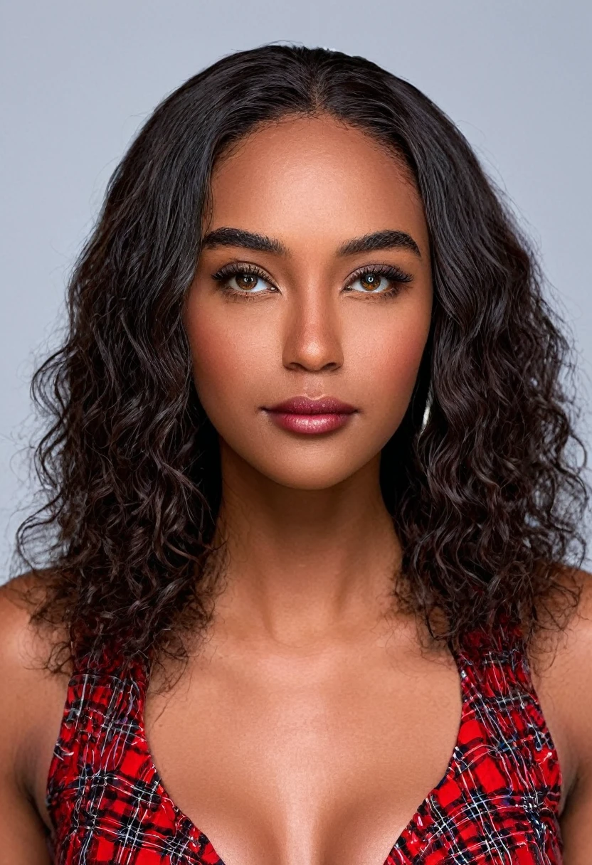 A beautiful woman, beautiful Latin face, young Brazilian Nyvi Estephan, Brazilian supermodel, serene and elegant beauty, Angolan descent, young adult 30 years old, nerdy woman, tall woman, a stunning black woman, with indigenous features, beautiful indigenous girl, native Brazilian, ((An indigenous African girl with European ebony)), ((her beauty is undeniable)), beautiful young ebony with dark skin, tanned Mexican, black hair with brown highlights, black curly hair with brown highlights, voluminous black hair with Brown highlights, vibrant and dynamic cut with soft waves can add a modern and stylish touch. Has an exotic beauty with beautiful green eyes, realistic green eyes, bright green eyes, ultra detailed green eyes, ultra realistic green eyes, natural green eyes, ultra detailed iris, perfect eyes, perfect iris, hyper realistic eyes, eyeliner, long eyelashes and defined, penetrating gaze that conveys confidence, striking, powerful expression, strong presence, striking makeup, vibrant red lipstick, full lips, voluminous lips, seductive lips, captivating, striking, unforgettable, dazzling and mischievous smile, wide smile, your features are captivating , subtle smile on his lips. beautiful and detailed face, detailed skin texture, Notice her perfectly shaped eyebrows, which arch gracefully above her eyes, small nose that is proportionate to her face, and soft contour of her face that accentuates her high cheekbones. Beautiful and glowing skin, intricate details, smooth skin, healthy and radiant appearance, Attractive slim woman, Average bust, Average and beautiful breasts, athletic physique, flat stomach, slim waist, huge hips, wide hips, big ass, thick thighs, legs shapely concept art. She wears a red and black plaid shirt with long sleeves, a short black latex skirt and long black knee-high boots. 3D 4k, high resolution, full sharpness photo realistic, breathtaking, Lentille nette, Photographie professionnelle, Objectif 70mm, Unreal Engine 5, wallpaper, colorful