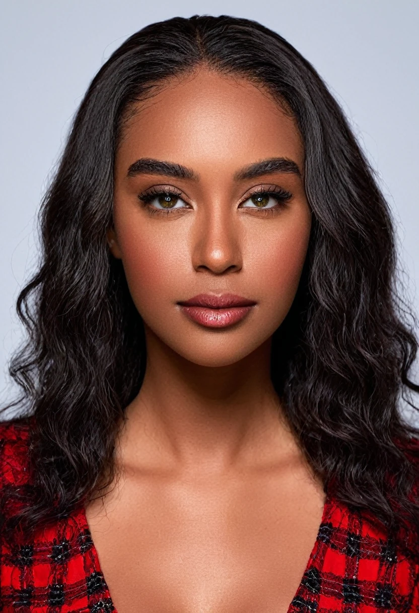 A beautiful woman, beautiful Latin face, young Brazilian Nyvi Estephan, Brazilian supermodel, serene and elegant beauty, Angolan descent, young adult 30 years old, nerdy woman, tall woman, a stunning black woman, with indigenous features, beautiful indigenous girl, native Brazilian, ((An indigenous African girl with European ebony)), ((her beauty is undeniable)), beautiful young ebony with dark skin, tanned Mexican, black hair with brown highlights, black curly hair with brown highlights, voluminous black hair with Brown highlights, vibrant and dynamic cut with soft waves can add a modern and stylish touch. Has an exotic beauty with beautiful green eyes, realistic green eyes, bright green eyes, ultra detailed green eyes, ultra realistic green eyes, natural green eyes, ultra detailed iris, perfect eyes, perfect iris, hyper realistic eyes, eyeliner, long eyelashes and defined, penetrating gaze that conveys confidence, striking, powerful expression, strong presence, striking makeup, vibrant red lipstick, full lips, voluminous lips, seductive lips, captivating, striking, unforgettable, dazzling and mischievous smile, wide smile, your features are captivating , subtle smile on his lips. beautiful and detailed face, detailed skin texture, Notice her perfectly shaped eyebrows, which arch gracefully above her eyes, small nose that is proportionate to her face, and soft contour of her face that accentuates her high cheekbones. Beautiful and glowing skin, intricate details, smooth skin, healthy and radiant appearance, Attractive slim woman, Average bust, Average and beautiful breasts, athletic physique, flat stomach, slim waist, huge hips, wide hips, big ass, thick thighs, legs shapely concept art. She wears a red and black plaid shirt with long sleeves, a short black latex skirt and long black knee-high boots. 3D 4k, high resolution, full sharpness photo realistic, breathtaking, Lentille nette, Photographie professionnelle, Objectif 70mm, Unreal Engine 5, wallpaper, colorful
