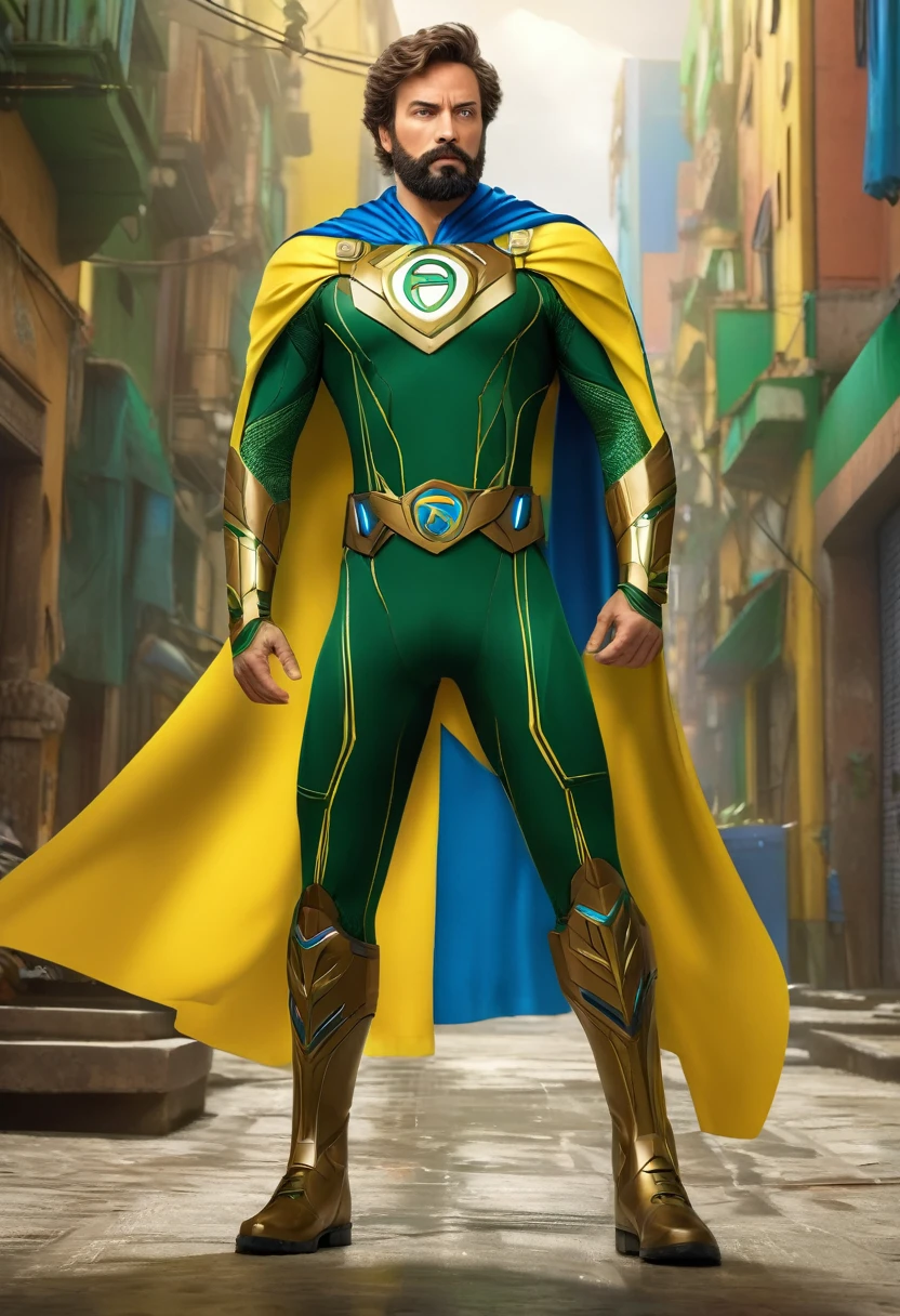 a heroic brazilian superhero, brown hair styled back, trimmed beard, serious confident expression, mature experienced face, green suit with yellow and blue details, earth symbol on chest, yellow cape attached to left shoulder, geometric yellow armor on left shoulder, green sleeves and legs with yellow details on elbows and knees, green boots with blue accents, (best quality,4k,8k,highres,masterpiece:1.2),ultra-detailed,(realistic,photorealistic,photo-realistic:1.37),cinematic lighting, vibrant colors, dramatic pose, high quality 3D render