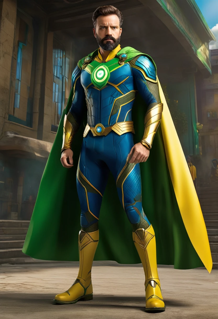 a heroic brazilian superhero, brown hair styled back, trimmed beard, serious confident expression, mature experienced face, green suit with yellow and blue details, earth symbol on chest, yellow cape attached to left shoulder, geometric yellow armor on left shoulder, green sleeves and legs with yellow details on elbows and knees, green boots with blue accents, (best quality,4k,8k,highres,masterpiece:1.2),ultra-detailed,(realistic,photorealistic,photo-realistic:1.37),cinematic lighting, vibrant colors, dramatic pose, high quality 3D render