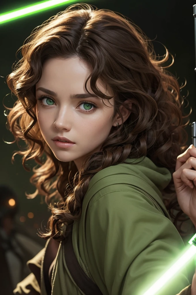 A female Jedi with curly brown hair, with green eyes and a green lightsaber