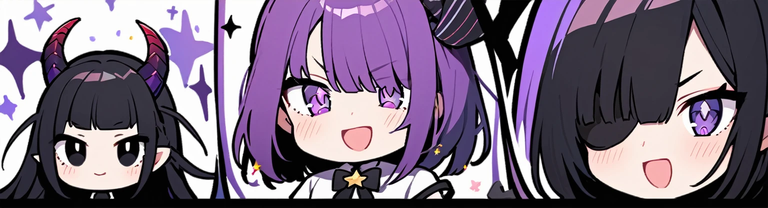 A girl with long black hair with straight bangs, with hair cut at the ends. Two large strands in the front, one bigger than the other. A rebel thread. A small white streak in your bangs. Two demon horns, one purple and one black, both with a dark purple star. one black eye and one purple eye. A purple star on your right cheek. black wide pants. All star shoe. Full white shirt with a bow tie with a star in the middle, with short sleeves. a big chest . Grinning. She is a star demon. She is standing looking at the camera. In one of his eyes a star in the black eye case, in the black eye and just black. Sex girl. Sex girl. One black eye and one purple eye