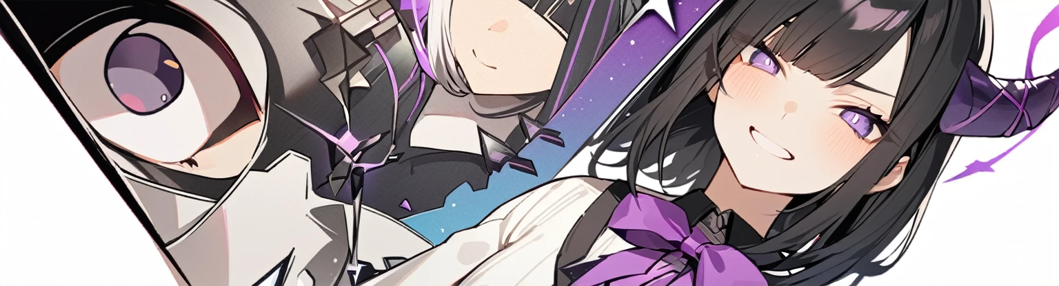 Shinobu Kochō from Demon Slayer, 30-year-old woman with long purple and black hair, doctor's clothing, white coat, green blouse, white pants, white shoes with a gringa holding her in her hand.