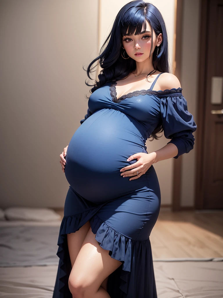 Pregnant woman with dark blue hair, 1981 style dress