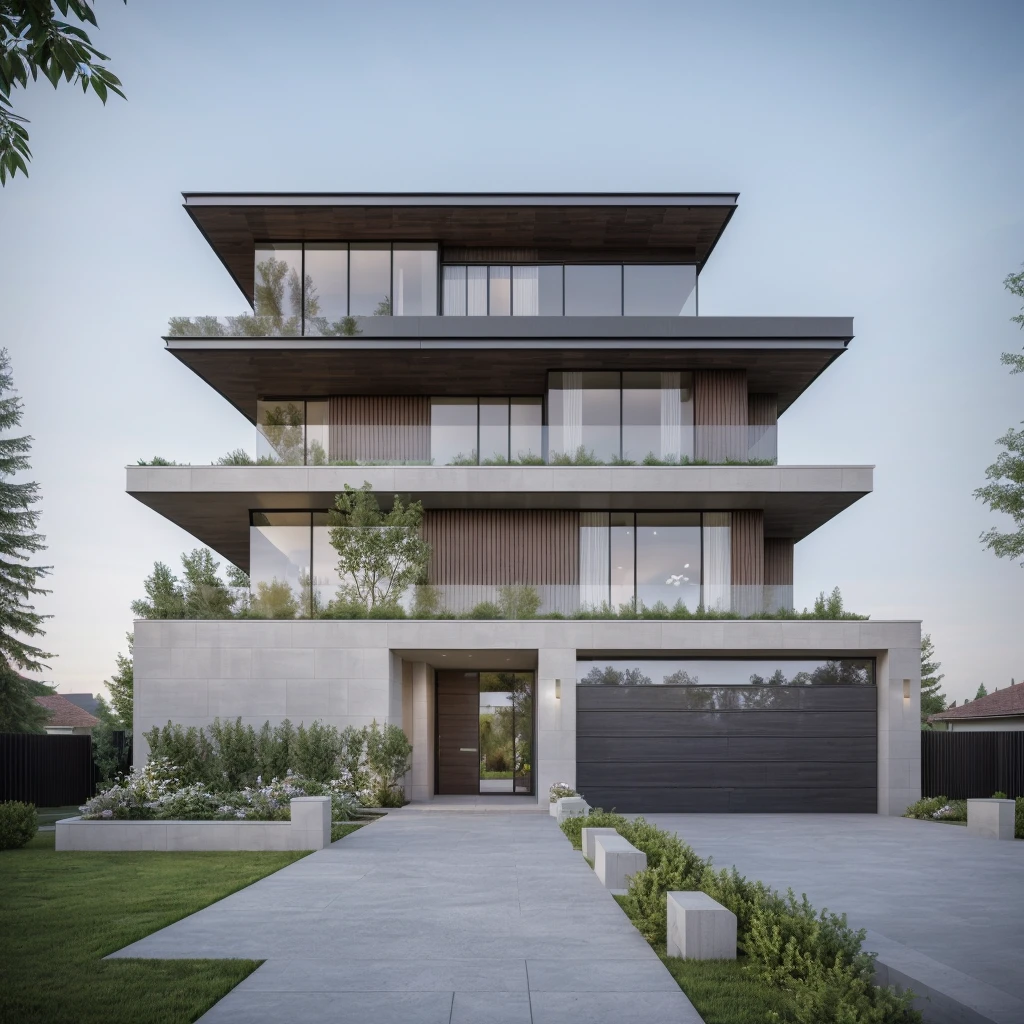 (masterpiece),(high quality), best quality, real,(realistic), super detailed, (full detail),(4k),8k,modern house exterior design,Modern architecture,Sandstone,whitewall,Beautiful_sky,Day light, no_humans, outdoors,sky,tree,Garden flower front of building,