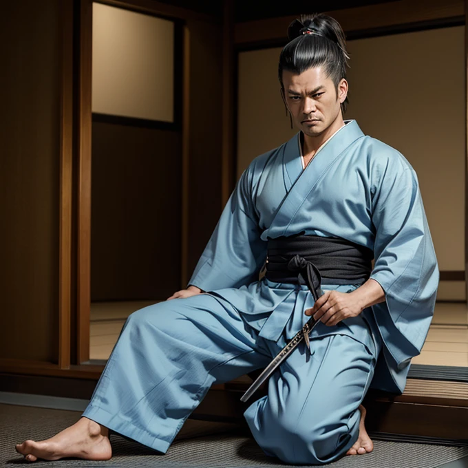 ((Masterpiece)), ((highly detailed)), a samurai,  light blue male kimono, tattsuke pants, katana, samurai hair style, shaved face, age 40, angry face, full body, 
