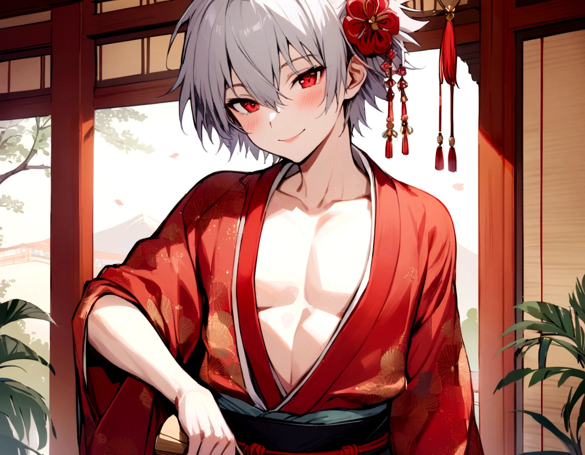 masterpiece, best quality, 1boy, kaworu nagisa, cute, hot, elegant, seductive, red eyes, wife material, ancient japan background, boy wearing female kimono, revealing kimono, red decorative kimono, hair accessories, holding fan, smiling sweetly