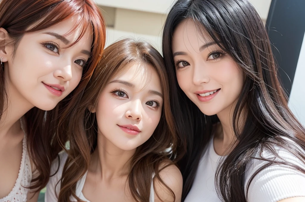 two sexy 40 years old women in babysitter outfits who are lovers of 4 years old boy, various hair colors and hairstyles, seductive smiles, portrait, close up faces, view from below