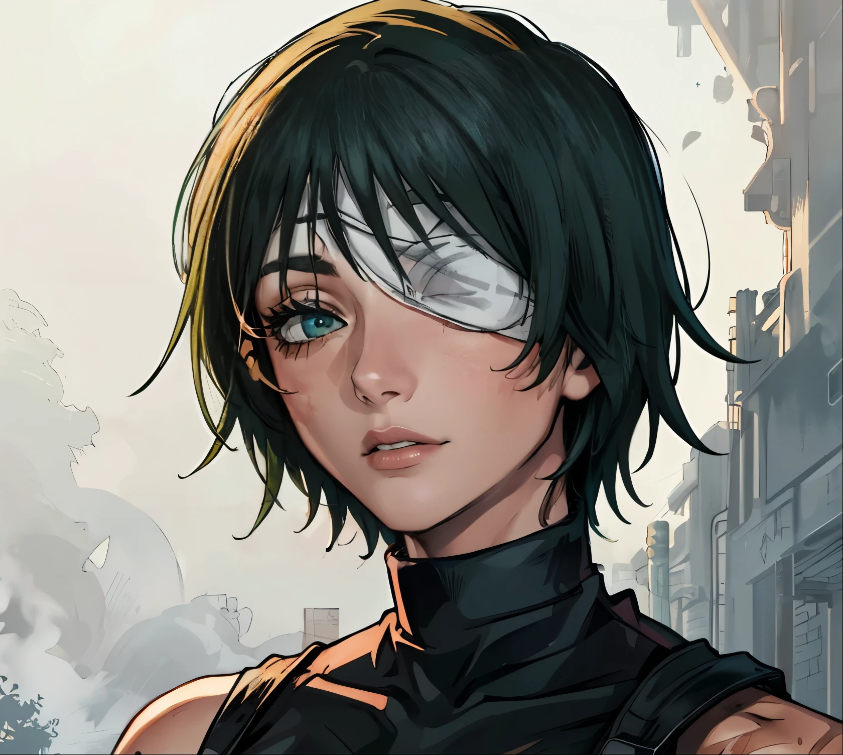 (masterpiece:1.2, best quality:1.2, beautiful, high quality, highres:1.1), 1girl, detailed, short hair, short fluffy hair, short green hair, extremely detailed 4K, perfect eyes, perfect face, 1 eye, other eye covered, eye covered with bandaid, Bandaid on face, bangs, really short hair, scars on body, Maki Zenin eyes, perfect eyes, scars on face, dangerous, eye patch, white bandage on eye, yellow colored eyes, exotica, scar on face, scar on cheeks, visible scars on cheeks, bandage on eye, scar on eye, Maki Zenin, scar on body, very short hair, circle glasses, dark scars on face, Maki Zenin LoRA, black shirt, scar on eye, scars, sleeveless, crop top, beautiful face, perfect lighting, (1girl, solo, adult female, mature female), thin, lithe body, Maki Zenin, green hair, glasses, (big breasts), ((sensual seductive))