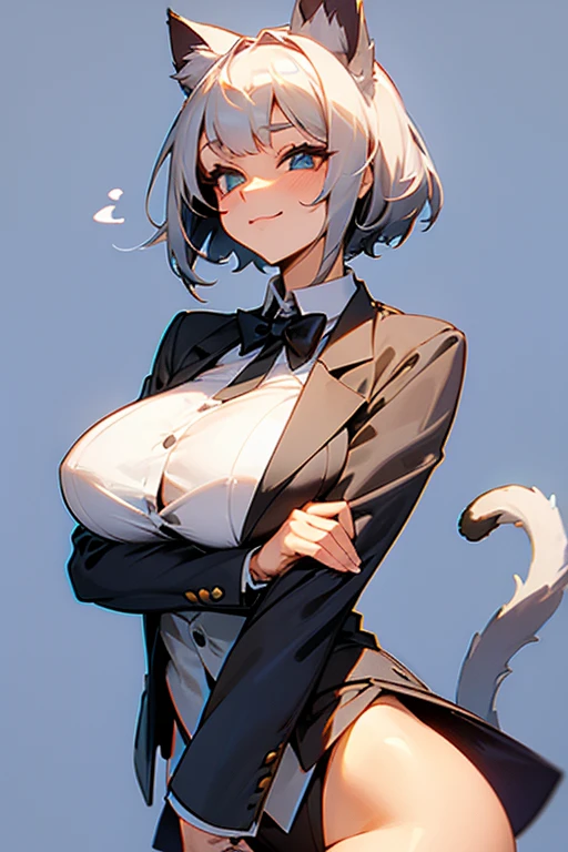 She has big breasts.She has cat ears and a tail, and her hair is short and silver. She is wearing a with a blazer. She has a cute face and a happy expression.