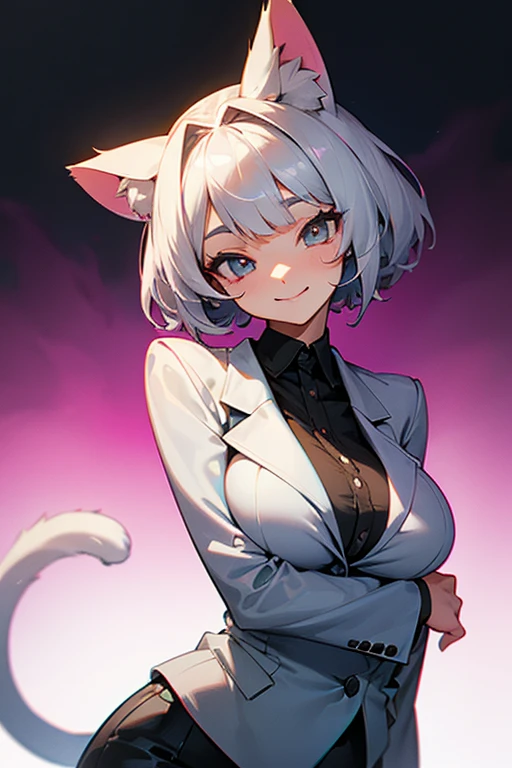 She has big breasts.She has cat ears and a tail, and her hair is short and silver. She is wearing a with a blazer. She has a cute face and a happy expression.