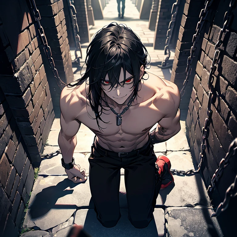 1 male, prisioner, long black hair, red eyes, top view, handcuffed, hands behind back, on his knees, shirtless, bowed, looking up, gesugao, evilness, malice and sadism facial expression, cocky smile, threatening smile, handcuffed behind back, evil look, prision cell background, dark cell, chained, chains, dungeon, no light, stone wall with chains, stone roof