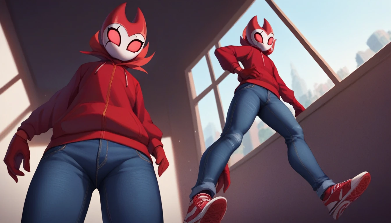 score_9, score_8_up, score_7_up, score_6_up, zPDXL2, grimm \(hollow knight\), vampire, bat, 1boy, solo, cute face, detailed eyes, portrait, thick thighs, anthro, thick ass, pov, tight black sports pants, leaning towards the forehead, blue large hoodie, seductive pose, red sports gloves, pov, sneakers, background, seductive look, standing, hands on knees