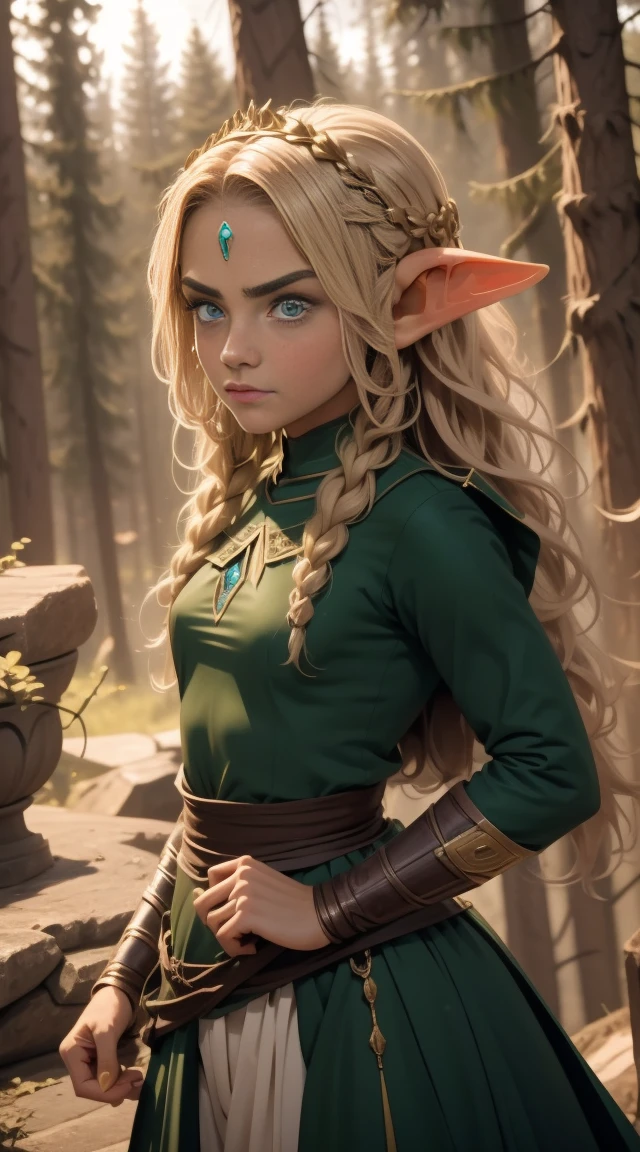 (An elven princess) adolescent, Coraggioso, cruel, hair blonde, in a fighting stance. A disdainful face, cara maligna, green clothing. cyan eyes, a small crown on the head. in front of a forest background