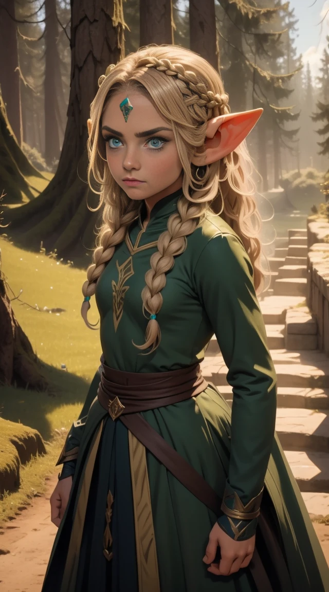 (An elven princess) adolescent, Coraggioso, cruel, hair blonde, in a fighting stance. A disdainful face, cara maligna, green clothing. cyan eyes, a small crown on the head. in front of a forest background