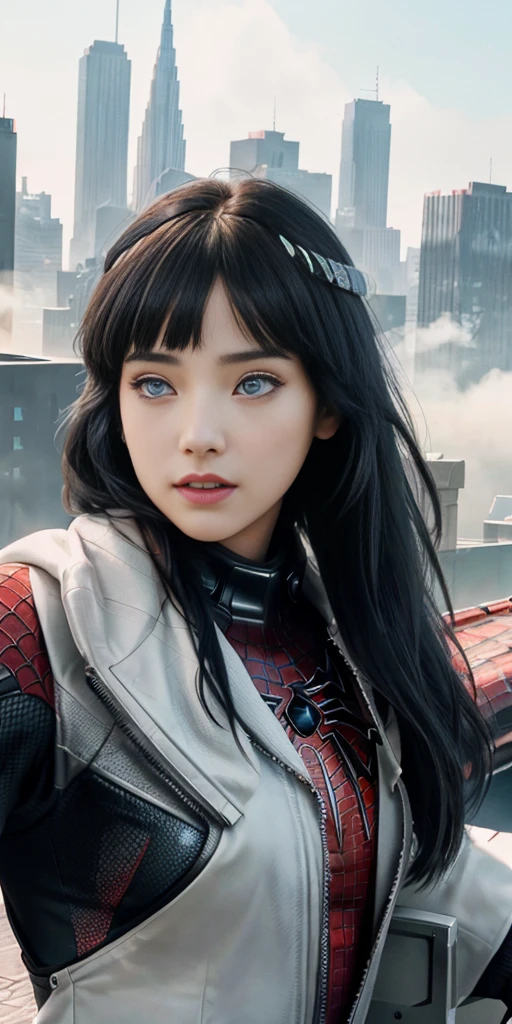 (1girl:1.3), Solo, (((Very detailed face)))), ((Very detailed eyes and face)))), Beautiful detail eyes, Body parts__, Official art, Unified 8k wallpaper, Super detailed, beautiful and beautiful, beautiful, masterpiece, best quality, original, masterpiece, super fine photo, best quality, super high resolution, realistic realism, sunlight, full body portrait, amazing beauty, dynamic pose, delicate face, vibrant eyes, (from the front), She wears Spider-Man suit, red and black color scheme, spider, very detailed city roof background, rooftop, overlooking the city, detailed face, detailed complex busy background, messy, gorgeous, milky white, highly detailed skin, realistic skin details, visible pores, clear focus, volumetric fog, 8k uhd, DSLR, high quality, film grain, fair skin, photo realism, lomography, futuristic dystopian megalopolis, translucent