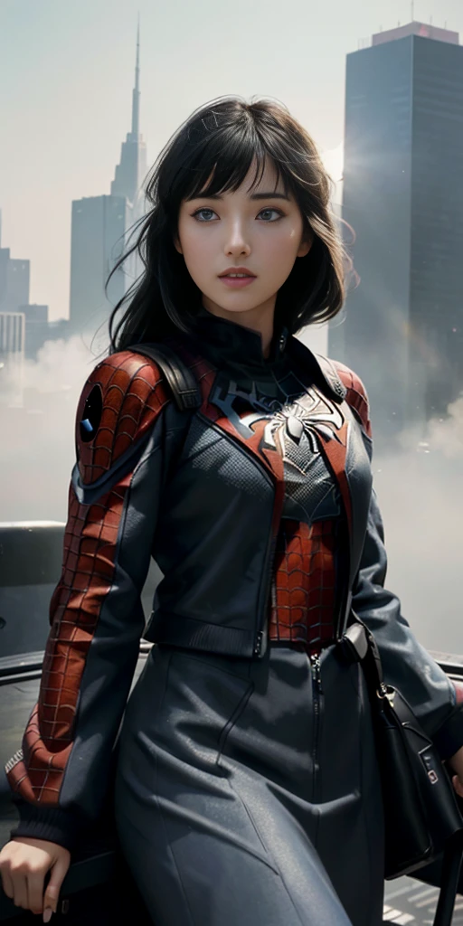 (1girl:1.3), Solo, (((Very detailed face)))), ((Very detailed eyes and face)))), Beautiful detail eyes, Body parts__, Official art, Unified 8k wallpaper, Super detailed, beautiful and beautiful, beautiful, masterpiece, best quality, original, masterpiece, super fine photo, best quality, super high resolution, realistic realism, sunlight, full body portrait, amazing beauty, dynamic pose, delicate face, vibrant eyes, (from the front), She wears Spider-Man suit, red and black color scheme, spider, very detailed city roof background, rooftop, overlooking the city, detailed face, detailed complex busy background, messy, gorgeous, milky white, highly detailed skin, realistic skin details, visible pores, clear focus, volumetric fog, 8k uhd, DSLR, high quality, film grain, fair skin, photo realism, lomography, futuristic dystopian megalopolis, translucent