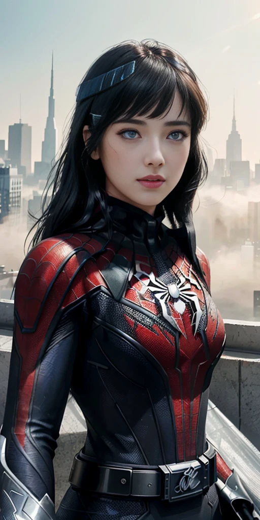 (1girl:1.3), Solo, (((Very detailed face)))), ((Very detailed eyes and face)))), Beautiful detail eyes, Body parts__, Official art, Unified 8k wallpaper, Super detailed, beautiful and beautiful, beautiful, masterpiece, best quality, original, masterpiece, super fine photo, best quality, super high resolution, realistic realism, sunlight, full body portrait, amazing beauty, dynamic pose, delicate face, vibrant eyes, (from the front), She wears Spider-Man suit, red and black color scheme, spider, very detailed city roof background, rooftop, overlooking the city, detailed face, detailed complex busy background, messy, gorgeous, milky white, highly detailed skin, realistic skin details, visible pores, clear focus, volumetric fog, 8k uhd, DSLR, high quality, film grain, fair skin, photo realism, lomography, futuristic dystopian megalopolis, translucent