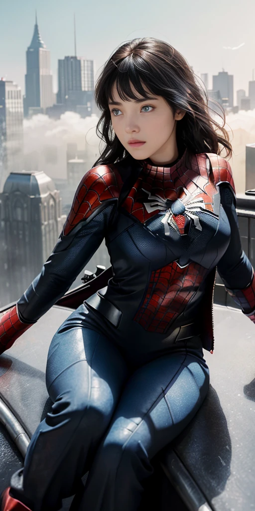 (1girl:1.3), Solo, (((Very detailed face)))), ((Very detailed eyes and face)))), Beautiful detail eyes, Body parts__, Official art, Unified 8k wallpaper, Super detailed, beautiful and beautiful, beautiful, masterpiece, best quality, original, masterpiece, super fine photo, best quality, super high resolution, realistic realism, sunlight, full body portrait, amazing beauty, dynamic pose, delicate face, vibrant eyes, (from the front), She wears Spider-Man suit, red and black color scheme, spider, very detailed city roof background, rooftop, overlooking the city, detailed face, detailed complex busy background, messy, gorgeous, milky white, highly detailed skin, realistic skin details, visible pores, clear focus, volumetric fog, 8k uhd, DSLR, high quality, film grain, fair skin, photo realism, lomography, futuristic dystopian megalopolis, translucent