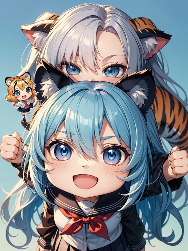 ((chibi:1.5)), (masterpiece), (best quality), high resolution, ultra detail, photorealistic, 8K, intricate face, detailed body, detailed face
BREAK
1 girl, (long wavy hair, Light blue red gradient hair, big blue eyes, tiger ears, tiger tail)
BREAK
school girls, wearing school sailor uniform,Carrying a katana, white shirt, pleated skirt, smile, open mouth, holding sign, ("14,000")