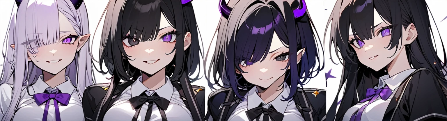 A girl with long black hair with straight bangs, with hair cut at the ends. Two large strands in the front, one bigger than the other. A rebel thread. A small white streak in your bangs. Two demon horns, one purple and one black, both with a dark purple star. one black eye and one purple eye. A purple star on your right cheek. black wide pants. All star shoe. Full white shirt with a bow tie with a star in the middle, with short sleeves. a big chest . Grinning. She is a star demon. She is standing looking at the camera. In one of his eyes a star in the black eye case, in the black eye and just black. Sex girl. Sex girl. One black eye and one purple eye